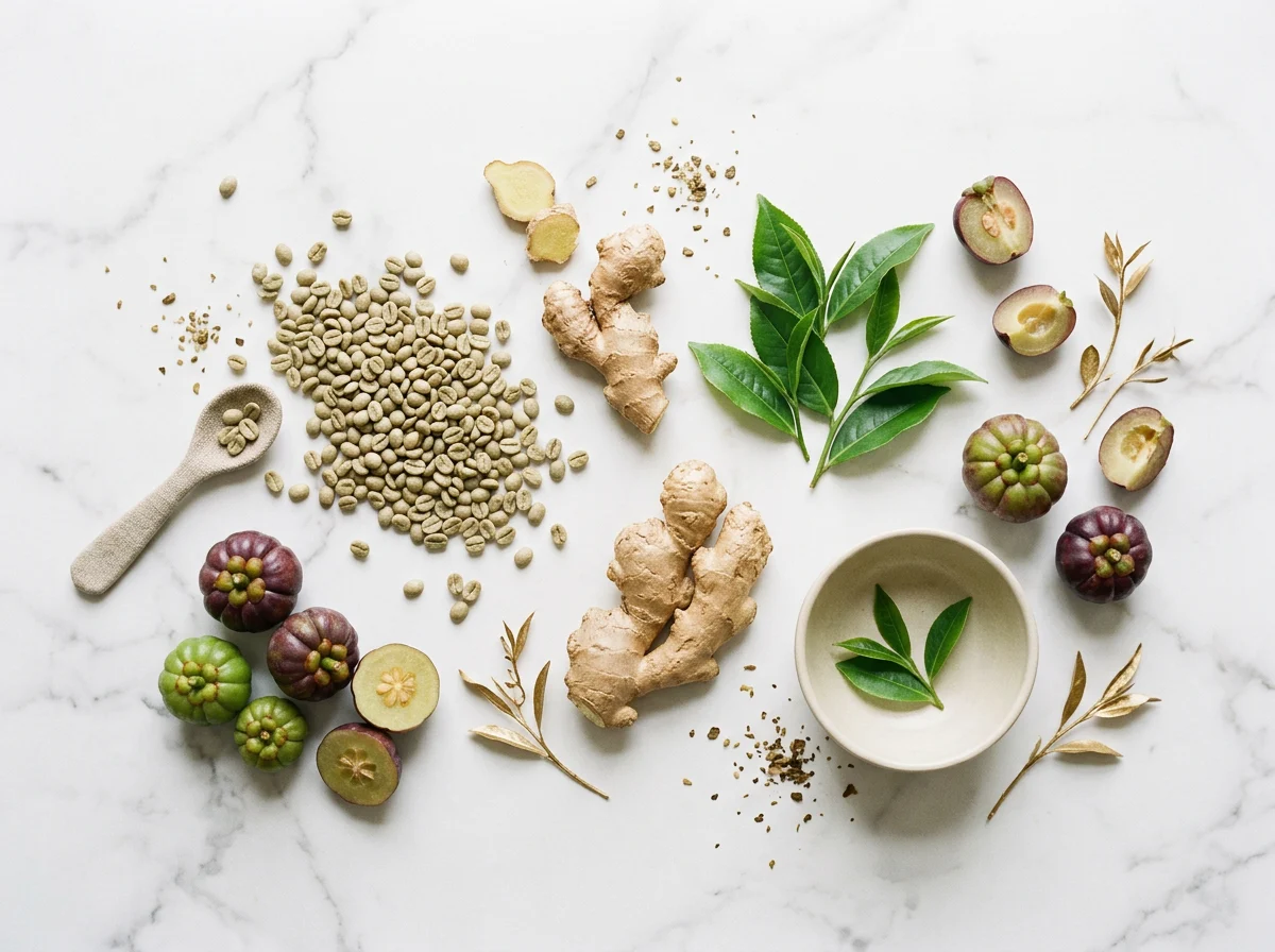 Green coffee beans, ginger root, green tea leaves and garcinia cambogia arranged on white marble